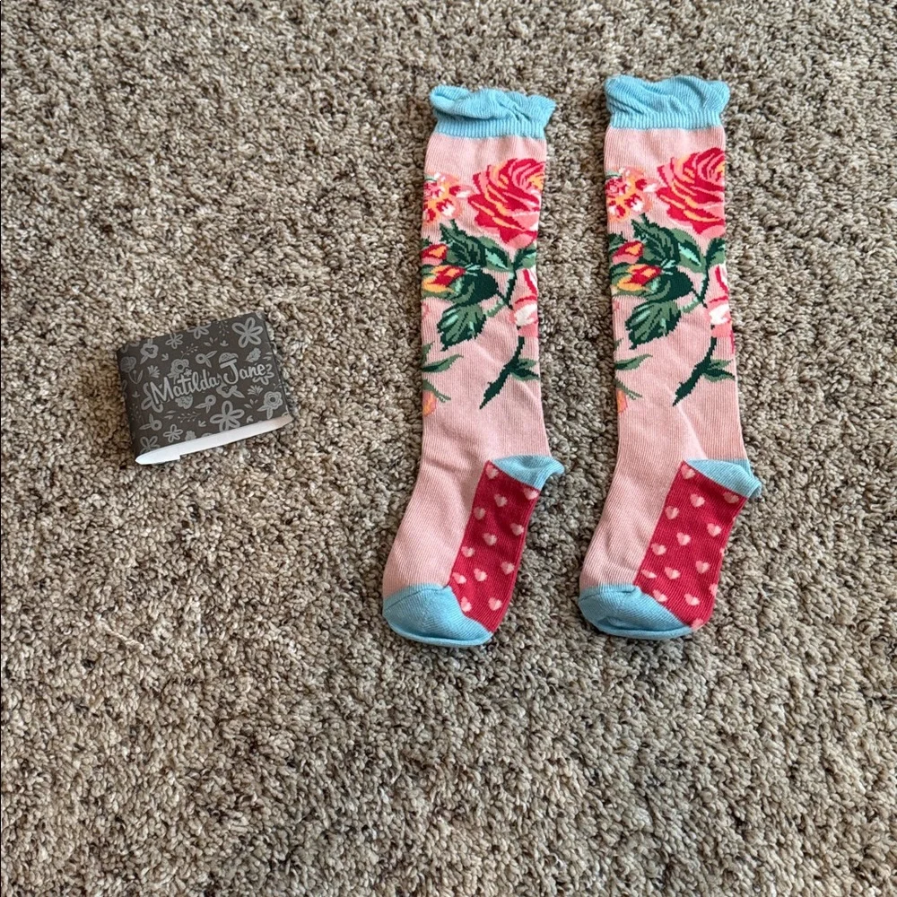 Matilda Jane Pink Floral Knee-High Socks with Blue Trim  “Skip to My Lou” Small